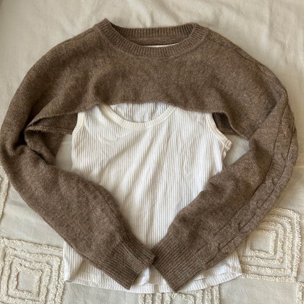 ZARA brown cropped sweater with white tank